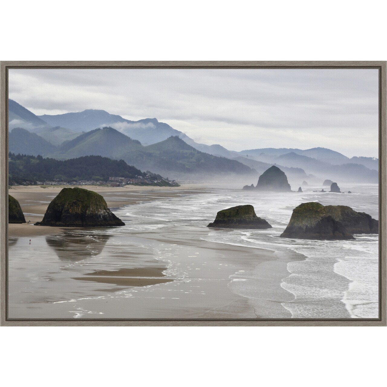 Cannon Beach fog rises over the coastline by Jaynes Gallery Danita Delimont 23-in. W x 16-in. H. Canvas Wall Art Print Framed in Grey